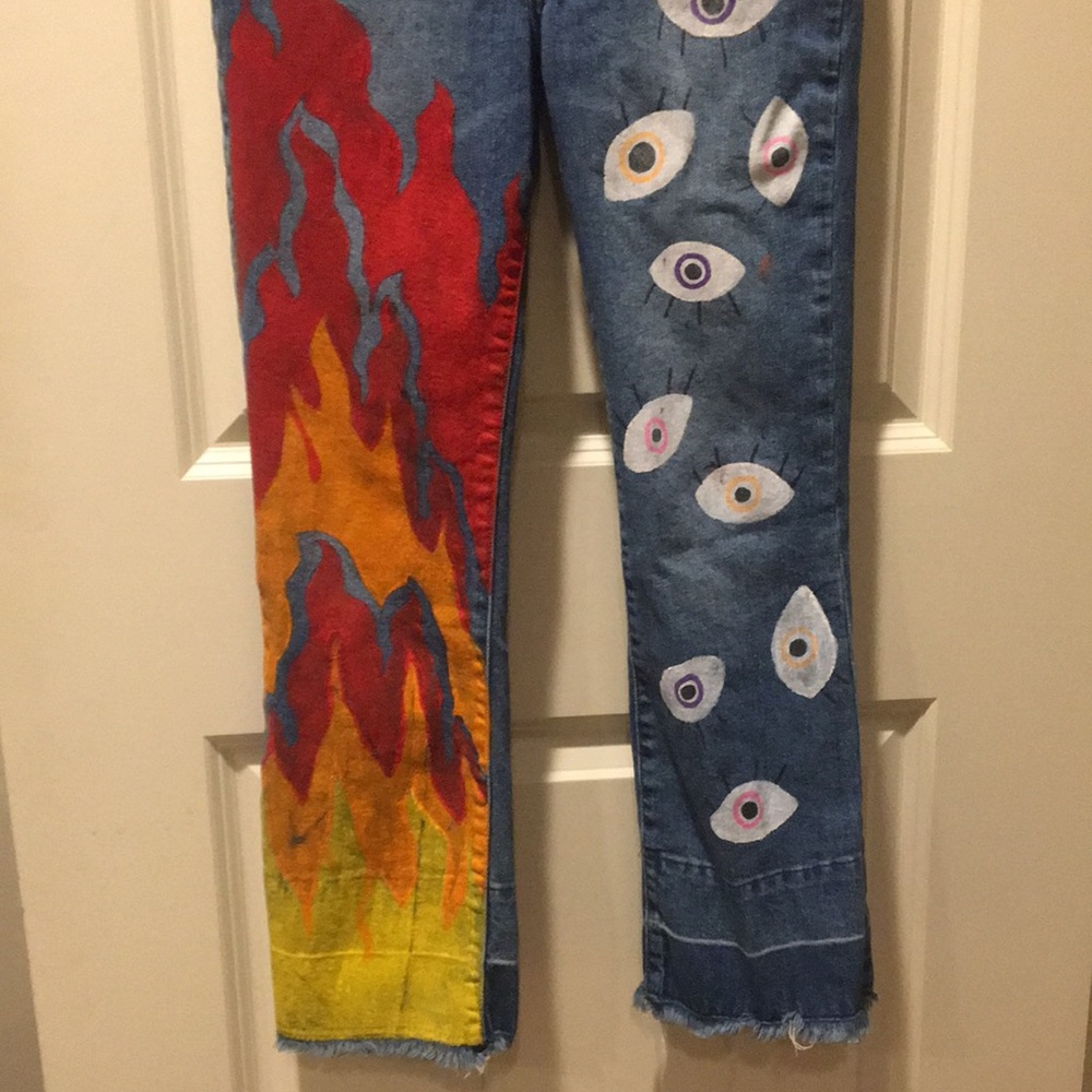 FOREVER 21 Los Angeles High Rise embellish painted art denim JEANS raw hem 26
